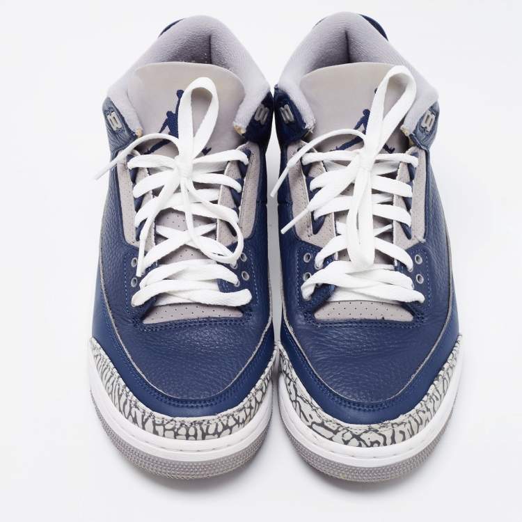 Pre Owned Air Jordan Navy Blue/Grey Leather 3 Retro Sneakers Size 42.5