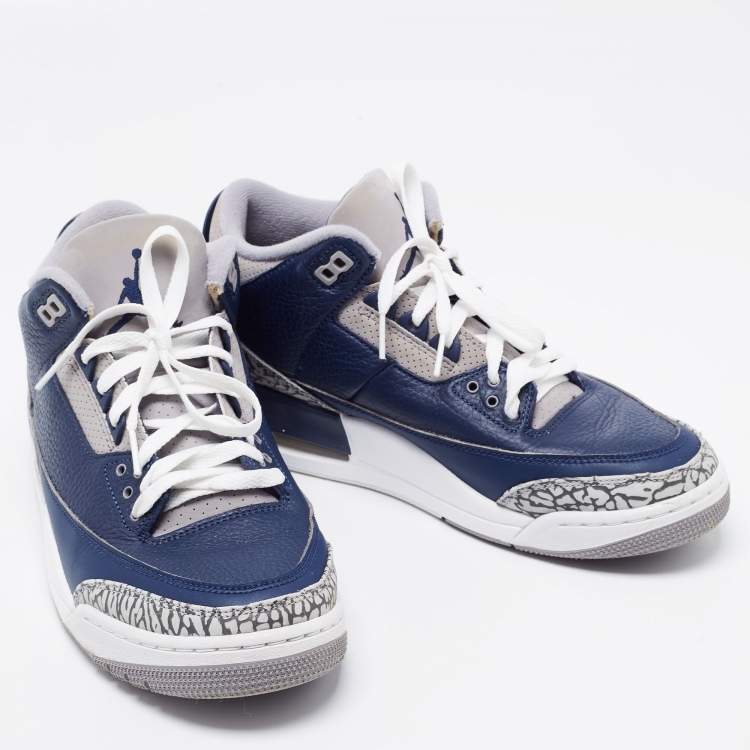 Pre Owned Air Jordan Navy Blue/Grey Leather 3 Retro Sneakers Size 42.5