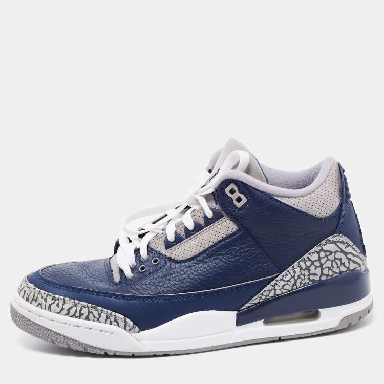 Pre Owned Air Jordan Navy Blue/Grey Leather 3 Retro Sneakers Size 42.5