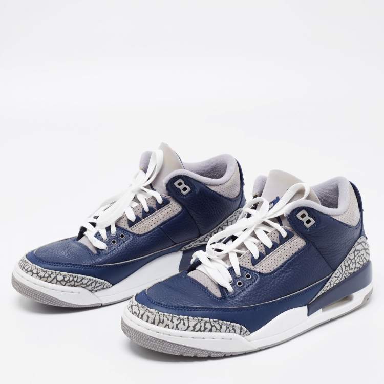 Pre Owned Air Jordan Navy Blue/Grey Leather 3 Retro Sneakers Size 42.5