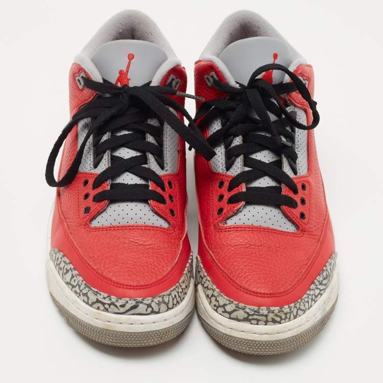 Pre Owned Air Jordans 3 Red/Grey Leather Unite Fire Red Sneakers Size 42.5