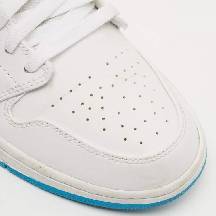 Pre Owned Air Jordan 1 White/Blue Leather Mid Laser Blue Sneakers Size 42.5