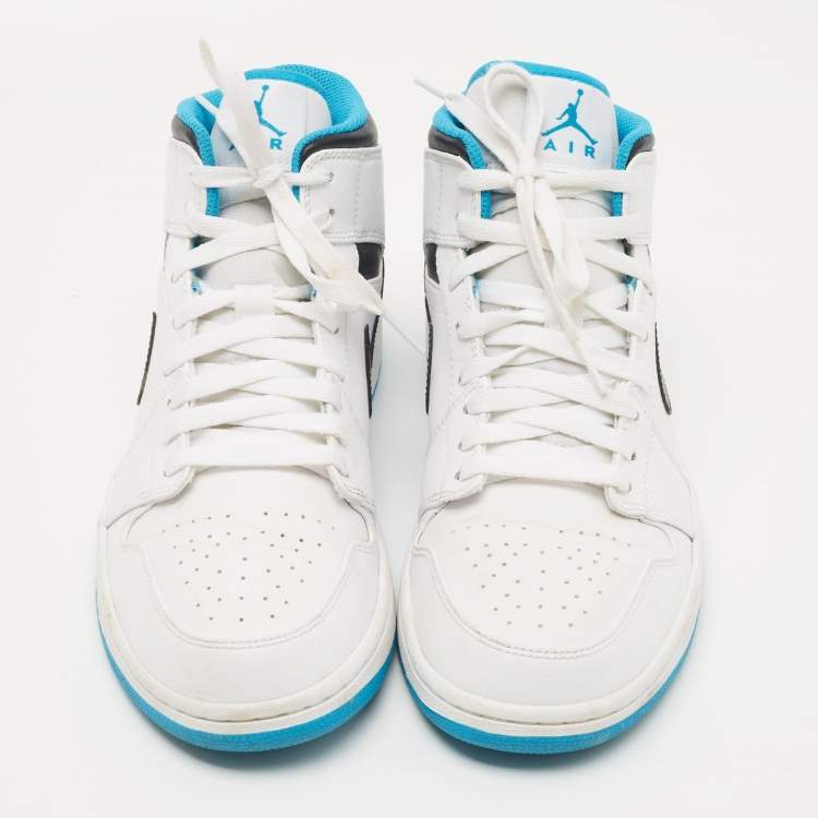 Pre Owned Air Jordan 1 White/Blue Leather Mid Laser Blue Sneakers Size 42.5