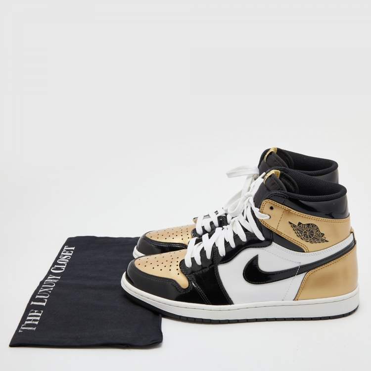Pre Owned Air Jordans Black/Gold Patent Leather Air Jordan 1 Retro High Top Sneakers Size 45