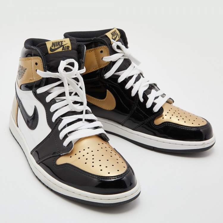 Pre Owned Air Jordans Black/Gold Patent Leather Air Jordan 1 Retro High Top Sneakers Size 45