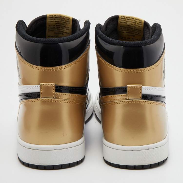 Pre Owned Air Jordans Black/Gold Patent Leather Air Jordan 1 Retro High Top Sneakers Size 45