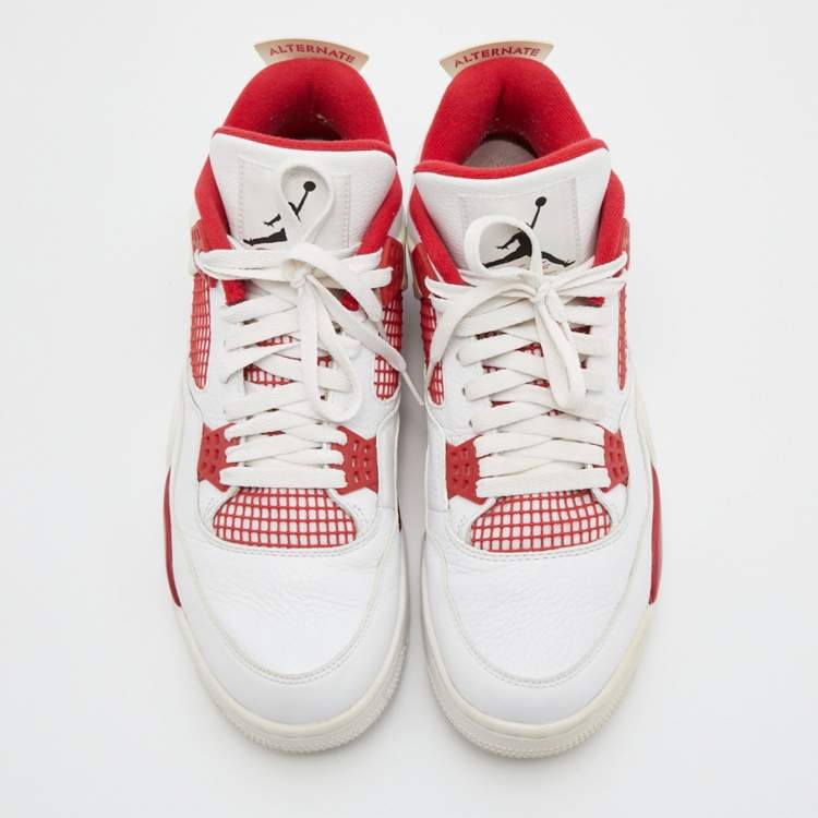 Pre Owned Air Jordans White/Red Leather and Fabric 4 Retro Fire Red Lace Up Sneakers Size 45