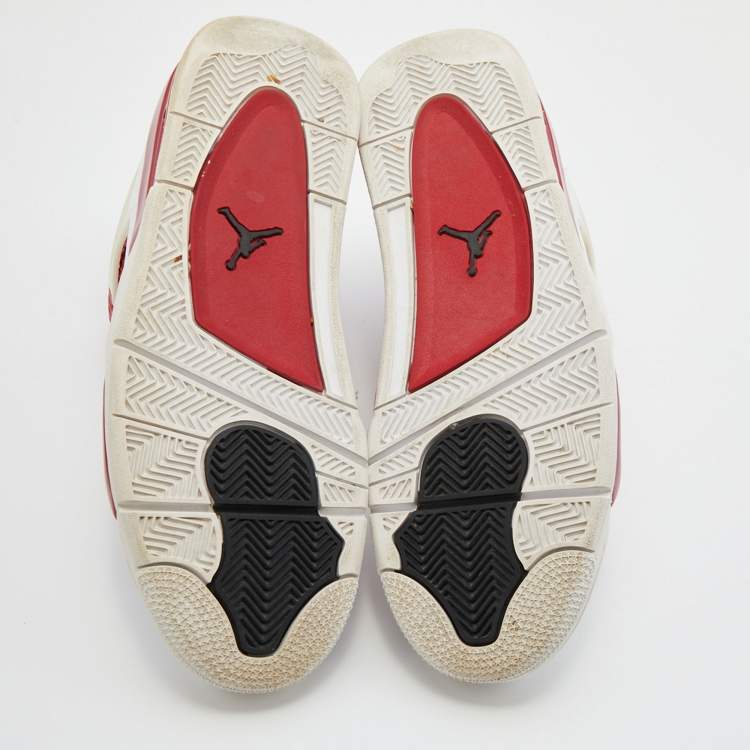 Pre Owned Air Jordans White/Red Leather and Fabric 4 Retro Fire Red Lace Up Sneakers Size 45