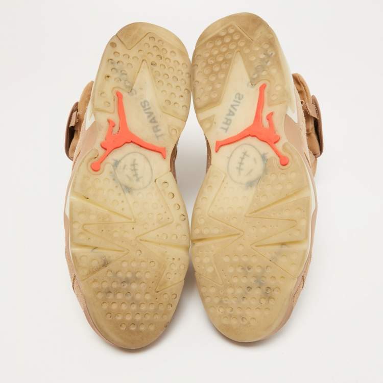 Pre Owned Air Jordans Beige/Brown Suede and Canvas Retro 6 Travis Scott High Top Sneakers Size 47