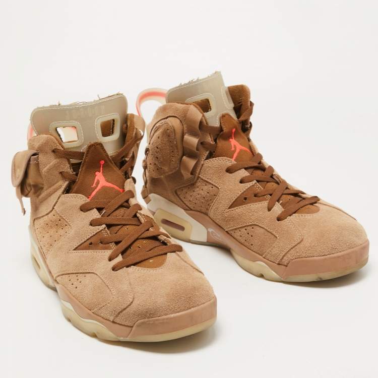 Pre Owned Air Jordans Beige/Brown Suede and Canvas Retro 6 Travis Scott High Top Sneakers Size 47
