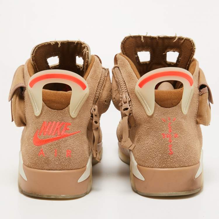 Pre Owned Air Jordans Beige/Brown Suede and Canvas Retro 6 Travis Scott High Top Sneakers Size 47