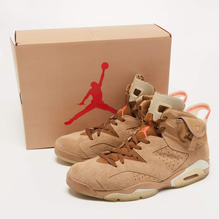 Pre Owned Air Jordans Beige/Brown Suede and Canvas Retro 6 Travis Scott High Top Sneakers Size 47