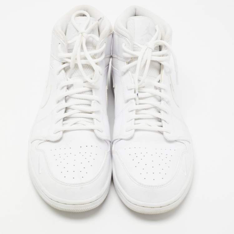 Pre Owned Air Jordan White Leather Jordan 1 Mid SE Nike Swoosh On Tour Sneakers 47.5 