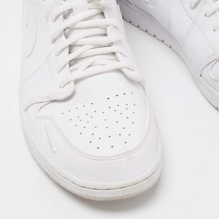 Pre Owned Air Jordan White Leather Jordan 1 Mid SE Nike Swoosh On Tour Sneakers 47.5 
