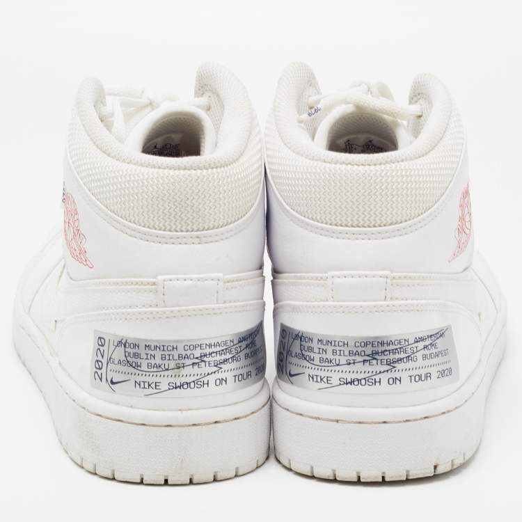 Pre Owned Air Jordan White Leather Jordan 1 Mid SE Nike Swoosh On Tour Sneakers 47.5 