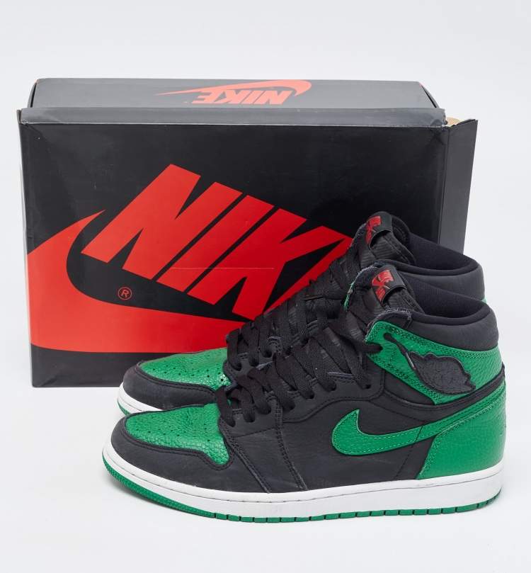 Pre Owned Air Jordans Green Leather Jordan-1-Retro High-Pine-Green-Black Sneakers Size 43