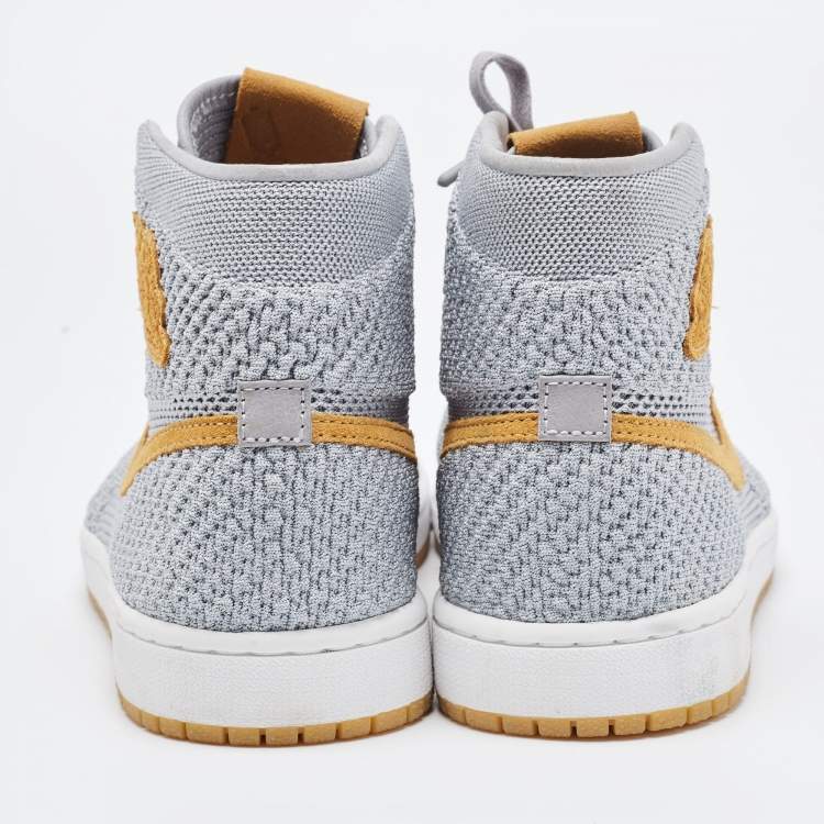 Pre Owned Air Jordan 1 Grey/Yellow Knit Fabric Flyknit Retro High OG Sneakers Size 40