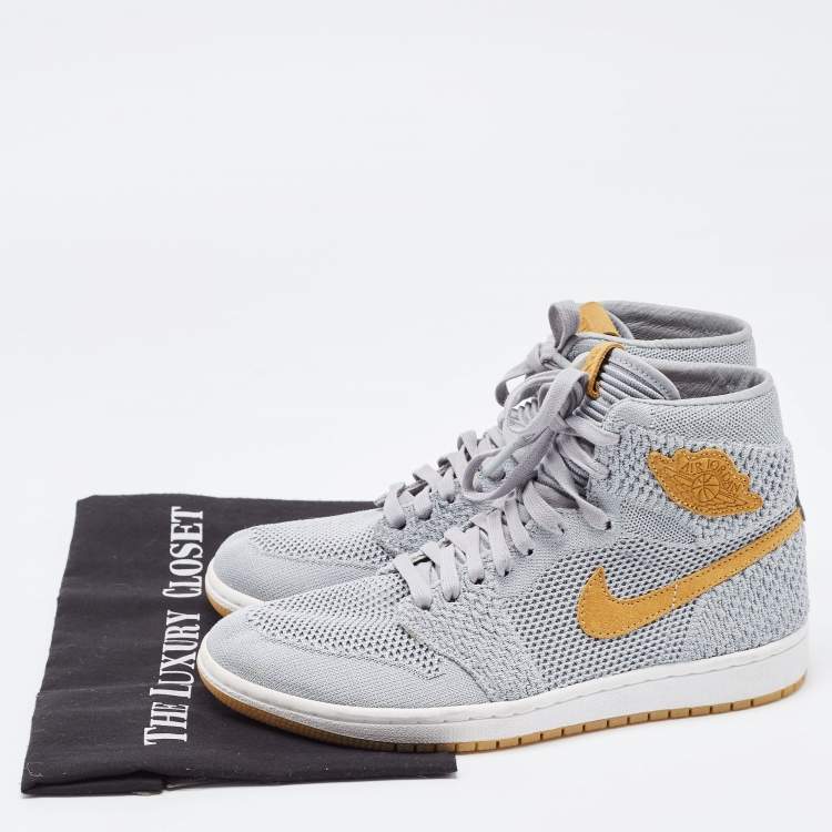 Pre Owned Air Jordan 1 Grey/Yellow Knit Fabric Flyknit Retro High OG Sneakers Size 40