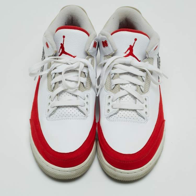 Pre Owned Air Jordan White/Red Leather and Suede Jordan 3 Tinker White University Red Sneakers Size 45