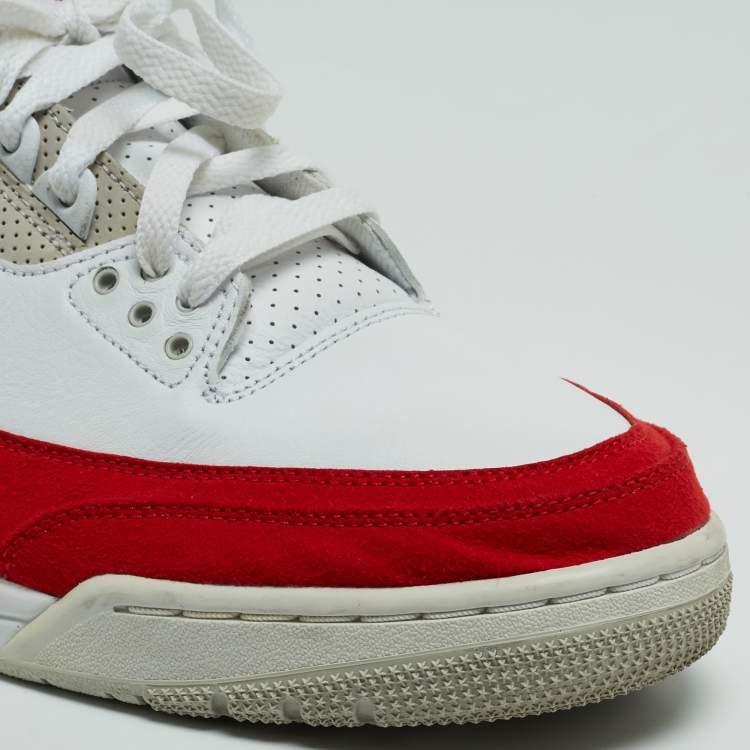 Pre Owned Air Jordan White/Red Leather and Suede Jordan 3 Tinker White University Red Sneakers Size 45