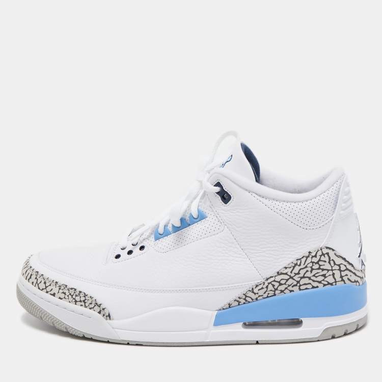 Pre Owned Air Jordan White/Blue Leather Jordan 3 Retro UNC 2020 High Top Sneakers Size 47