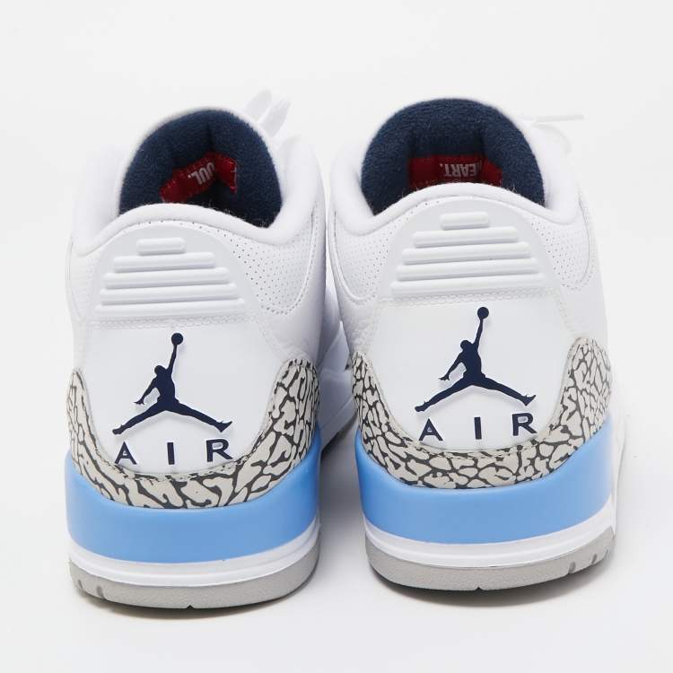 Pre Owned Air Jordan White/Blue Leather Jordan 3 Retro UNC 2020 High Top Sneakers Size 47