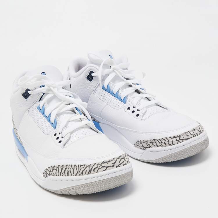 Pre Owned Air Jordan White/Blue Leather Jordan 3 Retro UNC 2020 High Top Sneakers Size 47