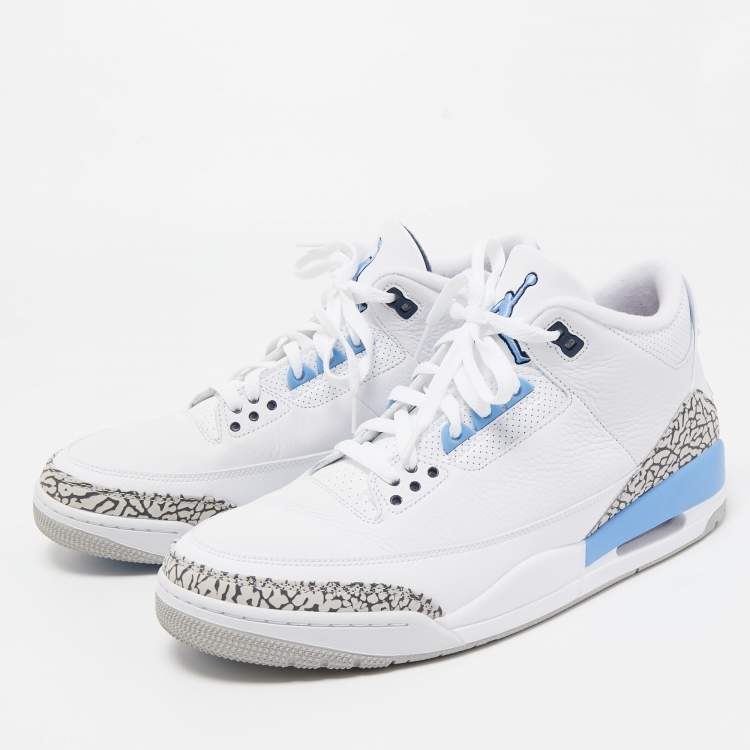 Pre Owned Air Jordan White/Blue Leather Jordan 3 Retro UNC 2020 High Top Sneakers Size 47
