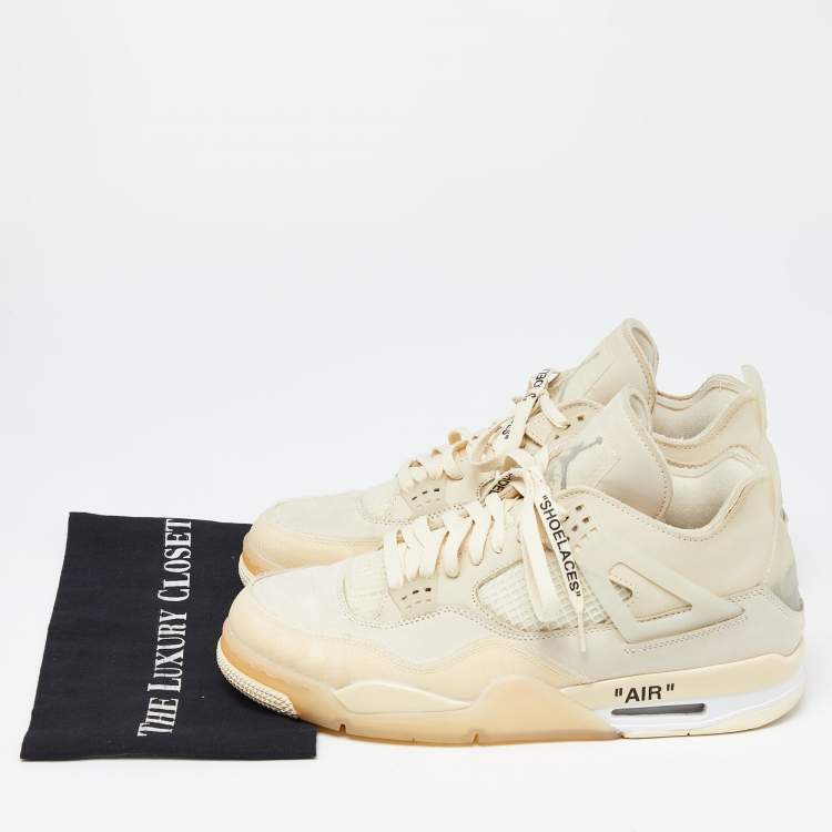 Pre Owned Air Jordan x Off White Cream Leather and Mesh 4 Retro Sail Sneakers Size 46