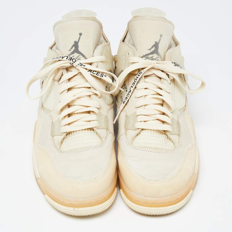 Pre Owned Air Jordan x Off White Cream Leather and Mesh 4 Retro Sail Sneakers Size 46