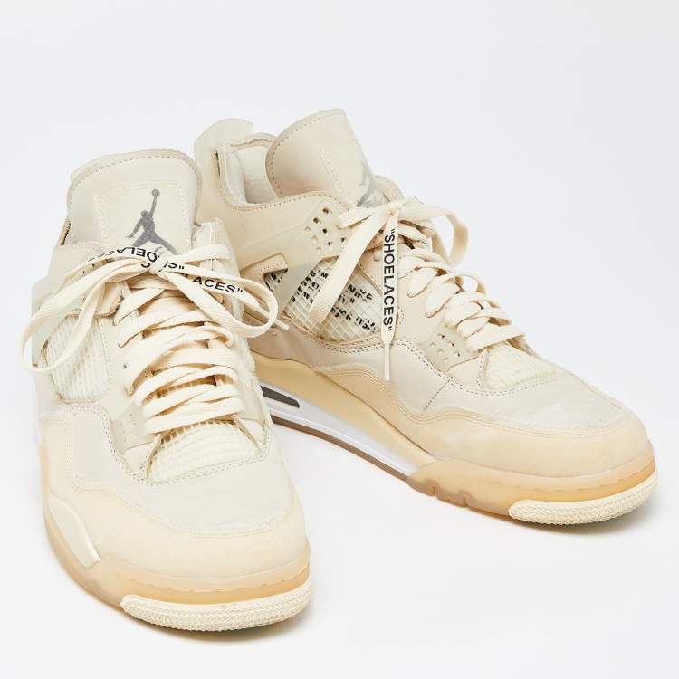 Pre Owned Air Jordan x Off White Cream Leather and Mesh 4 Retro Sail Sneakers Size 46