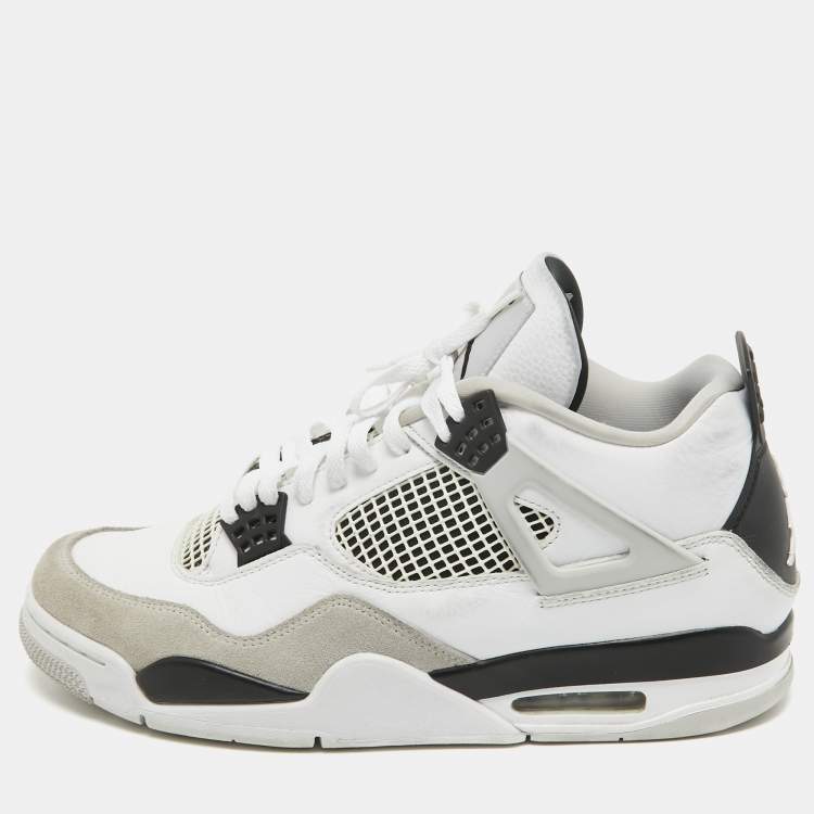 Pre Owned Air Jordans White Leather Jordan 4 Retro Military Black Sneakers Size 45.5