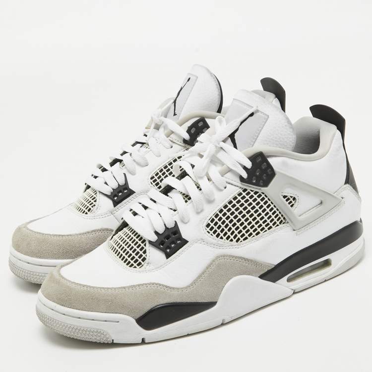 Pre Owned Air Jordans White Leather Jordan 4 Retro Military Black Sneakers Size 45.5