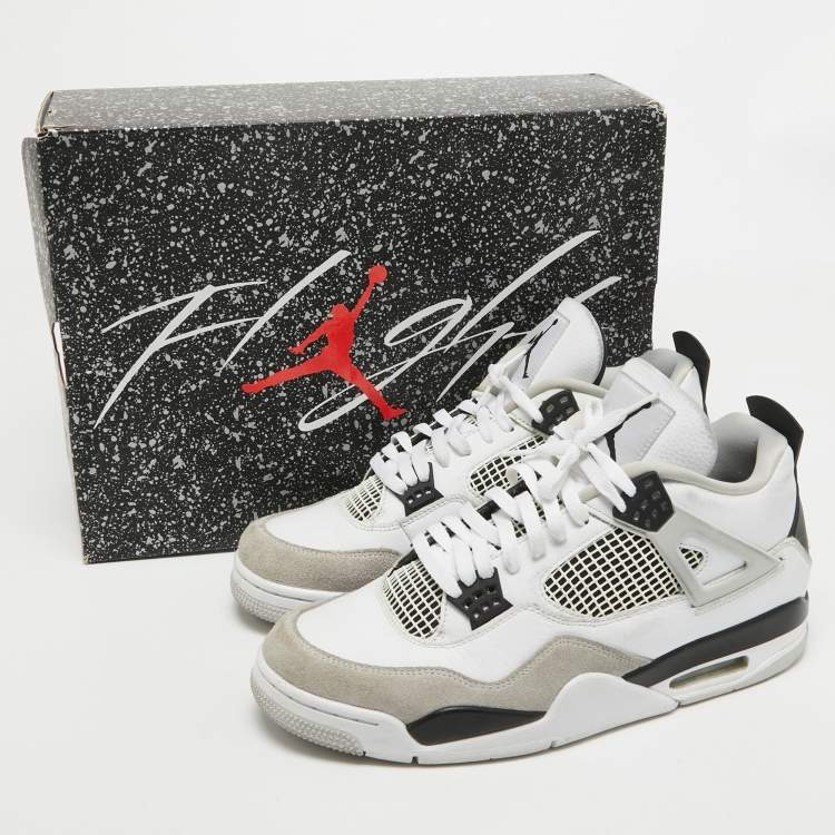 Pre Owned Air Jordans White Leather Jordan 4 Retro Military Black Sneakers Size 45.5