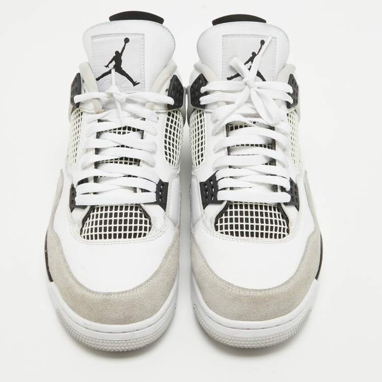 Pre Owned Air Jordans White Leather Jordan 4 Retro Military Black Sneakers Size 45.5