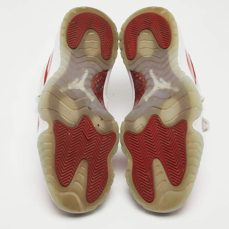 Pre Owned Air Jordans White/Red Canvas And Leather Jordan 11 Retro High Sneakers Size 44