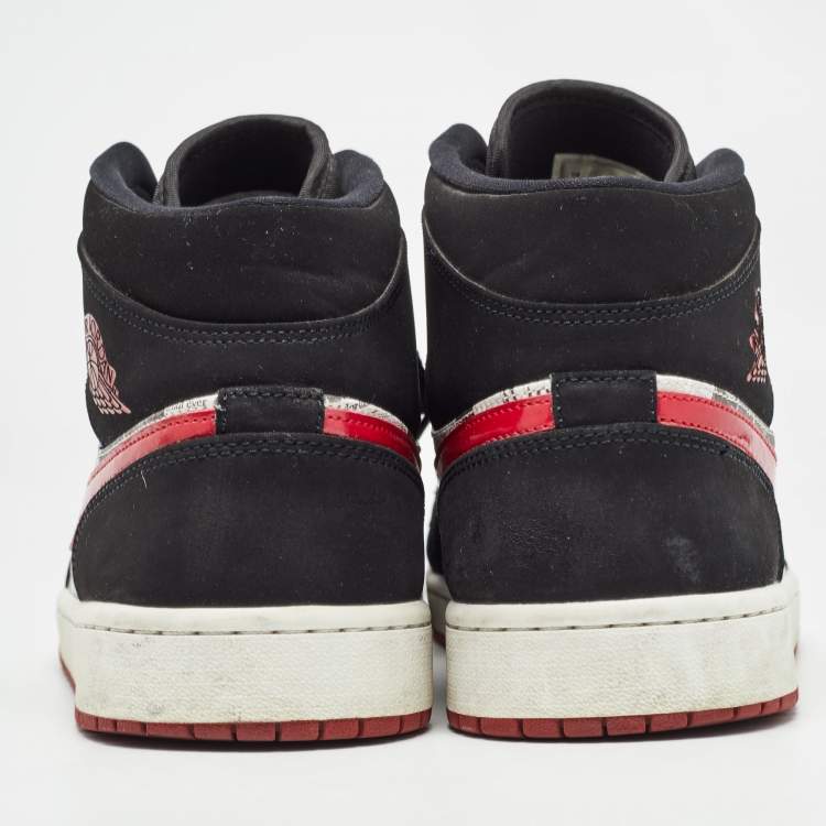 Pre Owned Air Jordans Black Nubuck Leather Jordan 1 Mid Newspaper Air Times Sneakers Size 47