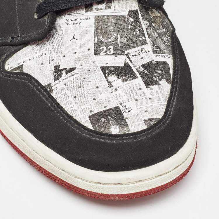 Pre Owned Air Jordans Black Nubuck Leather Jordan 1 Mid Newspaper Air Times Sneakers Size 47