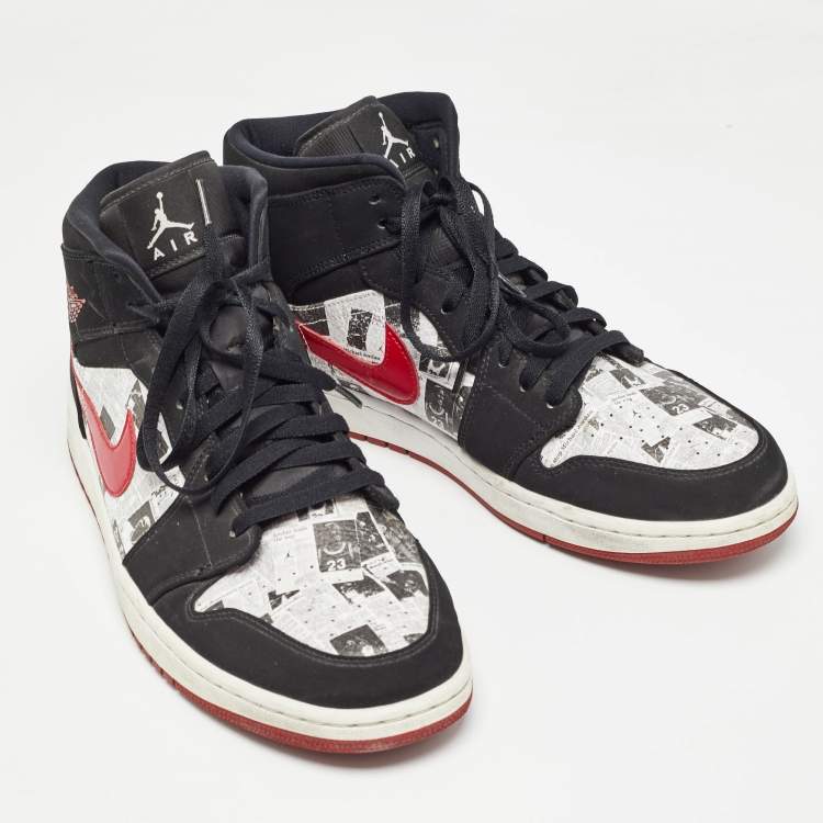 Pre Owned Air Jordans Black Nubuck Leather Jordan 1 Mid Newspaper Air Times Sneakers Size 47