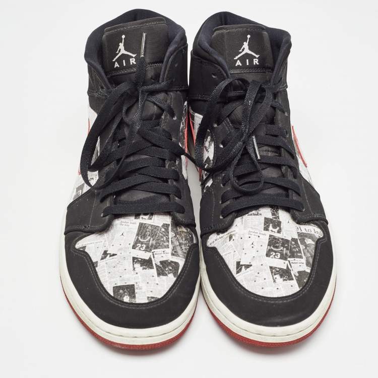 Pre Owned Air Jordans Black Nubuck Leather Jordan 1 Mid Newspaper Air Times Sneakers Size 47