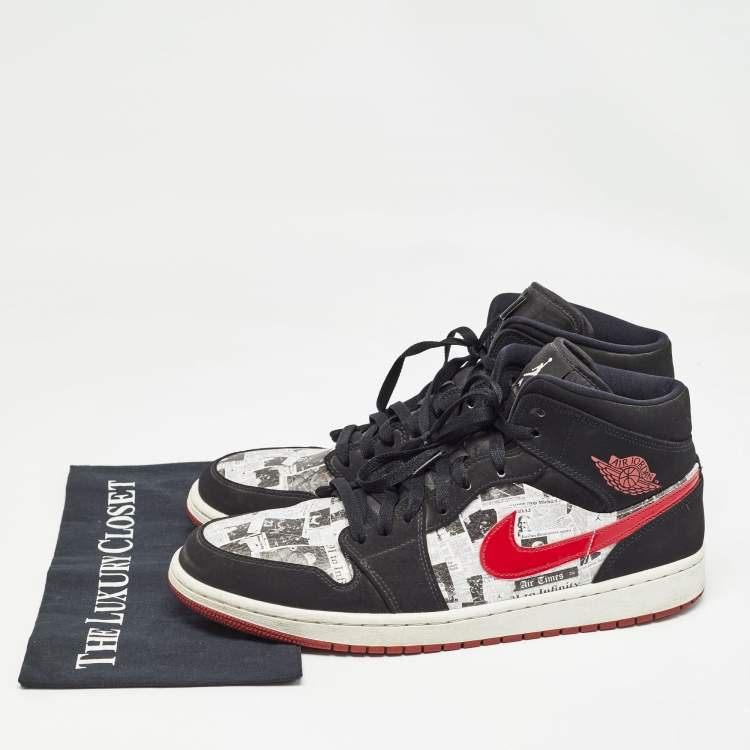 Pre Owned Air Jordans Black Nubuck Leather Jordan 1 Mid Newspaper Air Times Sneakers Size 47