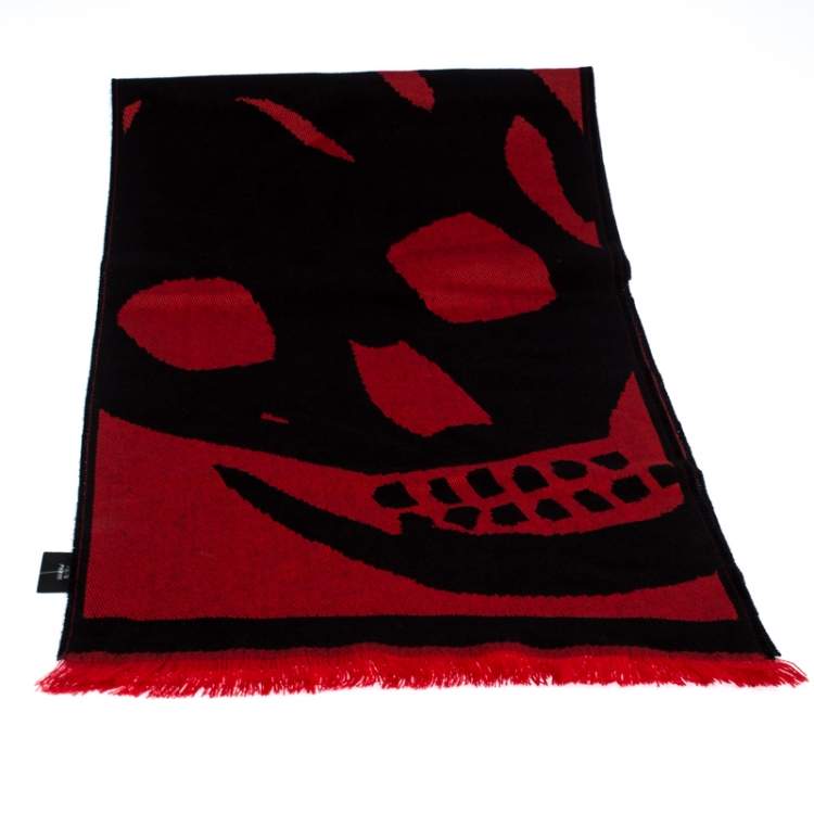 Pre Owned Alexander McQueen Black & Red Skull Patterned Wool Scarf