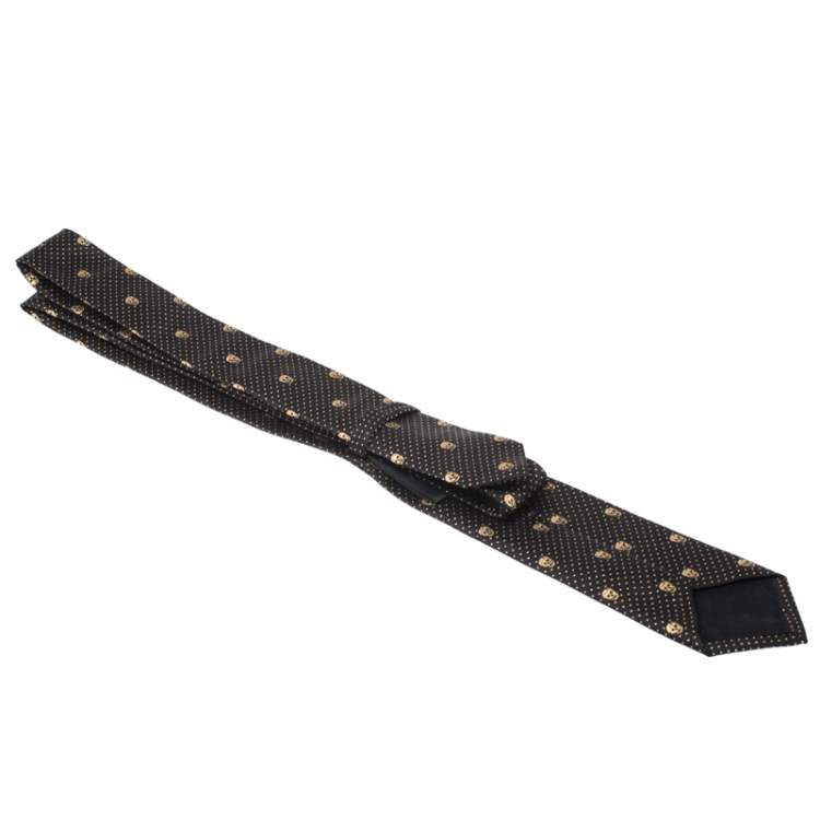 Pre Owned Alexander McQueen Black and Gold Lurex Jacquard Skull Skinny Silk Tie