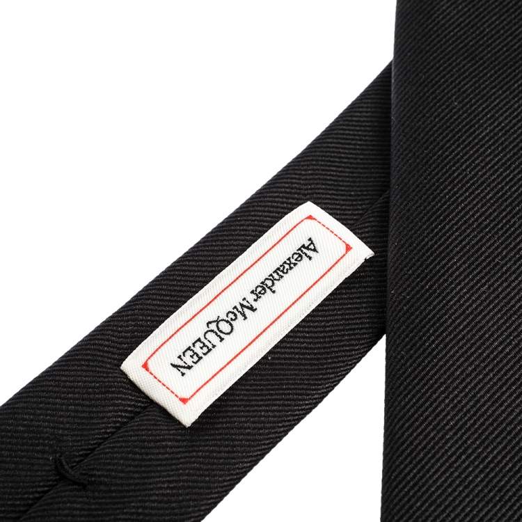 Pre Owned Alexander McQueen Black Logo Embroidered Silk Tie