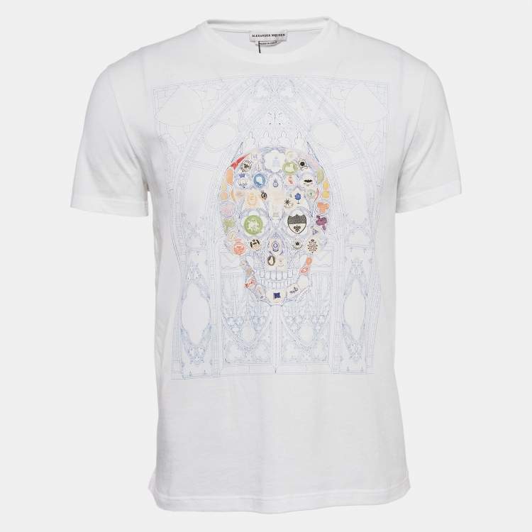 Pre Owned Alexander McQueen White Badges Skull Window Print Jersey T-Shirt M