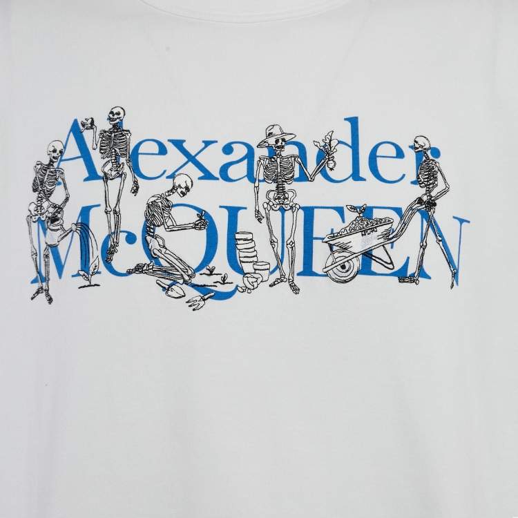 Pre Owned Alexander McQueen White Skeleton Embroidery and Logo Print Cotton T-Shirt XL