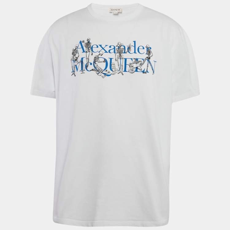 Pre Owned Alexander McQueen White Skeleton Embroidery and Logo Print Cotton T-Shirt XL