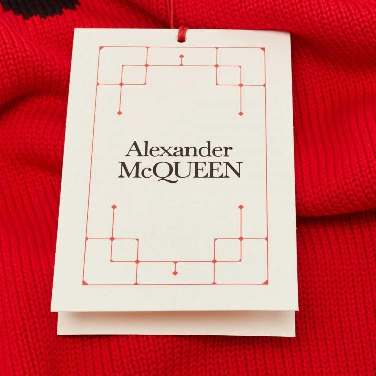 Pre Owned Alexander McQueen Red Logo Patterned Cotton Knit Crew Neck Sweater M 