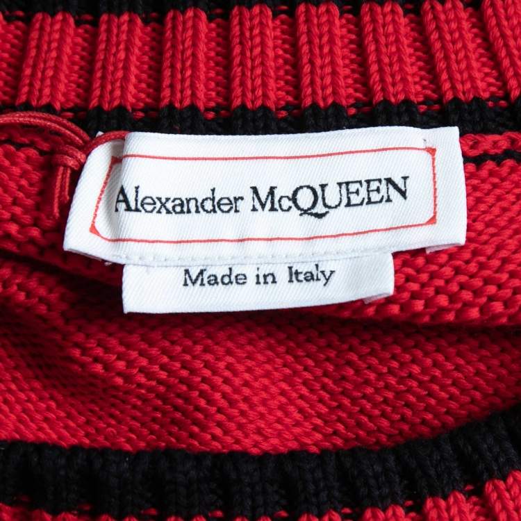 Pre Owned Alexander McQueen Red Logo Patterned Cotton Knit Crew Neck Sweater M 