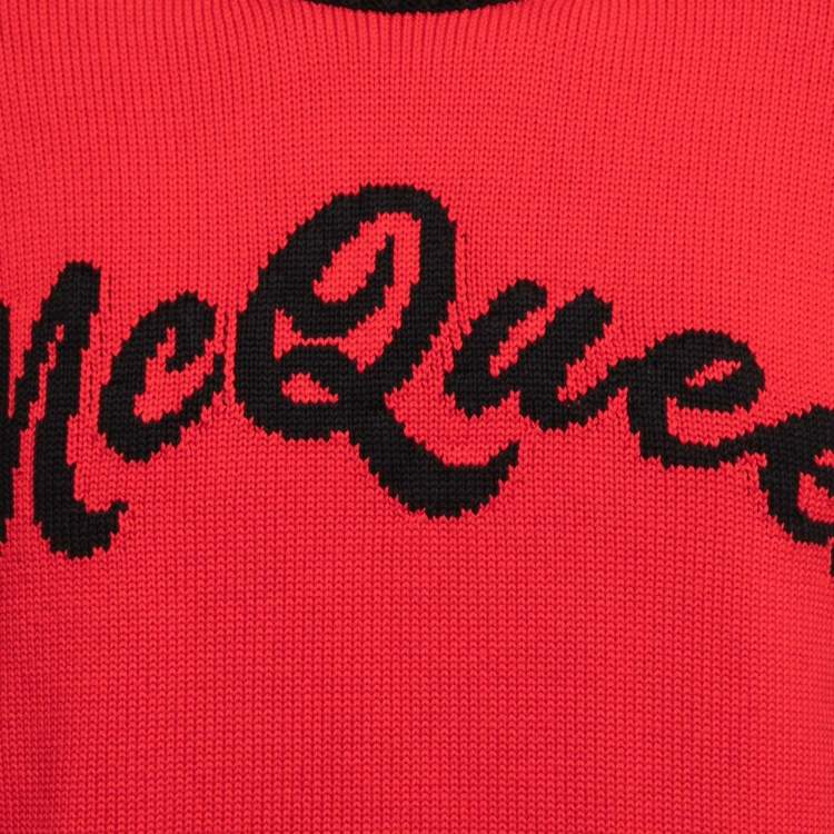 Pre Owned Alexander McQueen Red Logo Patterned Cotton Knit Crew Neck Sweater M 